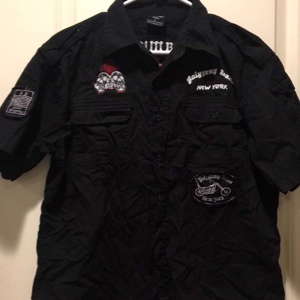 POLYGAMY  motorcycle biker button down embroider patchwork short sleeve size L